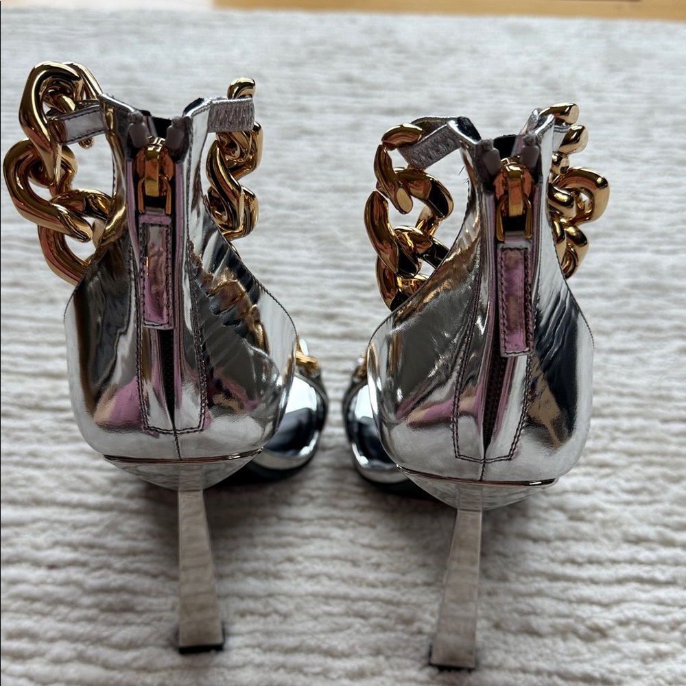 Versace Silver Heels with Gold Chain Accents size 41 - Picture 5 of 15